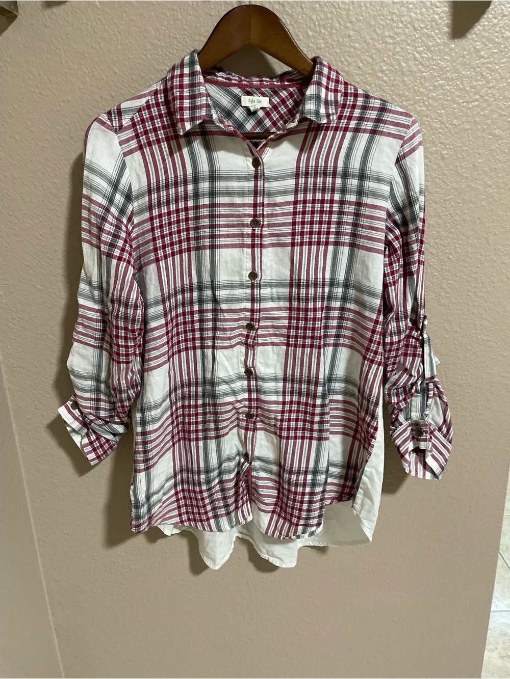 Kyla Seo Soft Plaid Button-Up Shirt in deep burgundy Red & Black